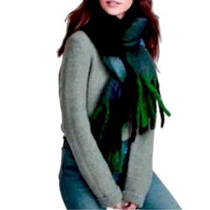 Free People Plaid Fringed Shawl Blue Green Oversized Wrap Fringe Scarf Fluffy